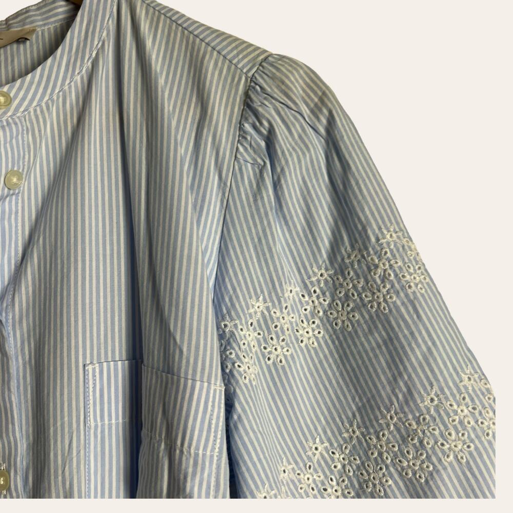LOFT Blue Stripe Embroidered Eyelet Cotton Mini Shirtdress Size Large - Picture 7 of 15
